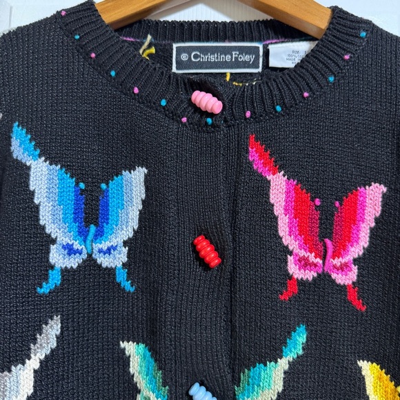 Vintage Christine Foley butterfly black colorful knit button up sweater small - Picture 3 of 5